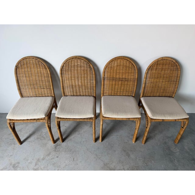 Brown Vintage Coastal Organic Woven Wicker & Metal Frame Dining Chairs – Set of 4 For Sale - Image 8 of 12
