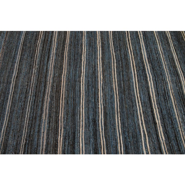 Textile Blue Modern Sriped Flatweave Handmade Wool Rug For Sale - Image 7 of 11