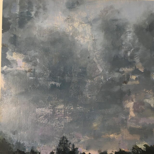 East Oakland #6 by Gage Opdenbrouw | Oil on Wood Panel Dark, cloudy sky over a landscape. For Sale