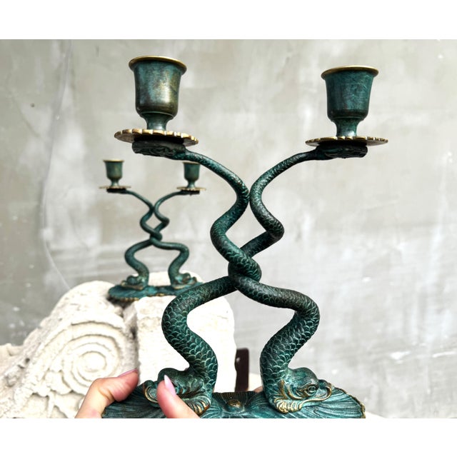 Italian Sculptural Bronze Fish Candlesticks, 1950s, Set of 2 For Sale - Image 3 of 14