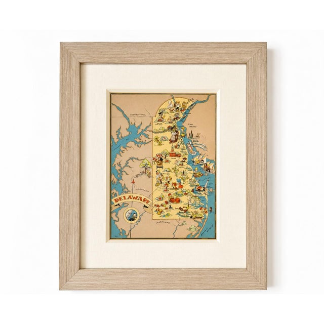 Mid-Century Modern Vintage Delaware Pictorial Map by Taylor, 1935 – Original Custom Framed Map For Sale - Image 3 of 5