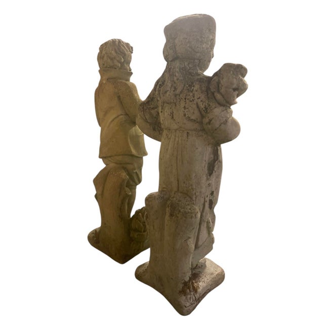 1980s Pair of Vintage Weathered Cast Stone "Country Life" Garden Statues For Sale - Image 5 of 8