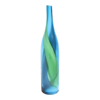 Vintage Danish Glass Swirled Tall Bottle Blue, Purple, Green, Turquoise For Sale