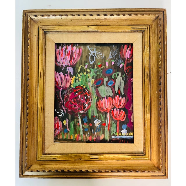 Colorful abstract modern floral acrylic on brown paper signed Mariana Shulga, and framed in antique gold frame.