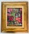 Colorful abstract modern floral acrylic on brown paper signed Mariana Shulga, and framed in antique gold frame.