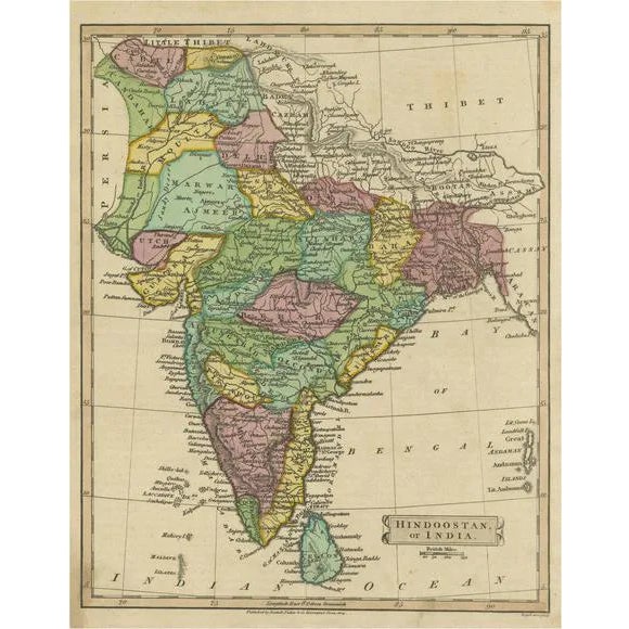 Antique Map of Hindustan or India, 1814 For Sale