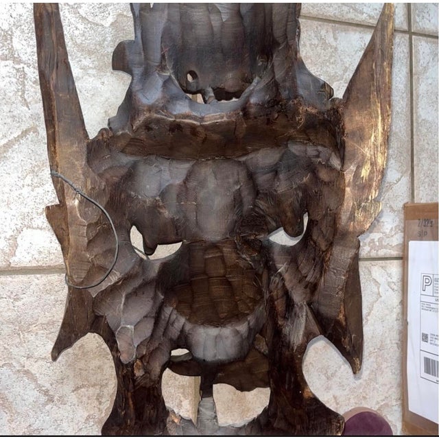 Wood Vintage or Antique Hand-Carved Asian Wooden Guardian or Demon Masks, Often Featuring Stacked or Multi-Tiered Faces With Fierce For Sale - Image 7 of 14