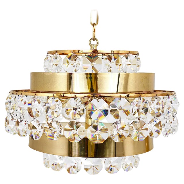 Gold-Plated Bakalowits Brass Chandelier with Diamond Crystals from Bakalowits & Söhne, Austria, 1970s For Sale
