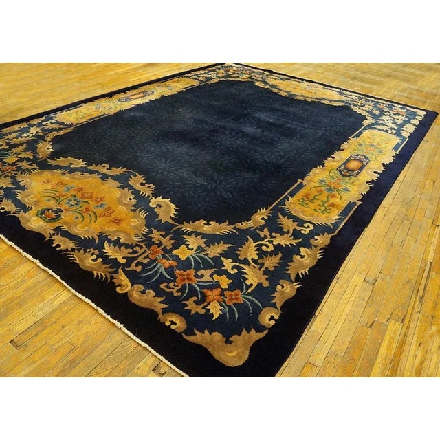 Art Deco 1920s Blue Navy Traditional Antique Chinese Art Deco Carpet 9'6" X 13'2" Knotted Wool Rug For Sale - Image 3 of 11
