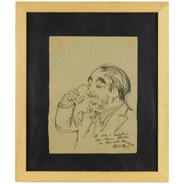 Portrait of Mino Maccari is an original modern artwork realized by Alfredo Mezio in the half of 20th Century. China ink...