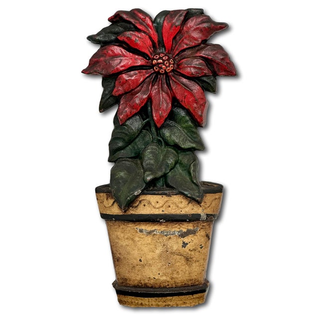 1920s Rare & Hard to Find Antique American Poinsetta Flower Pot Cast Iron Doorstop - Circa 1920s For Sale - Image 5 of 12