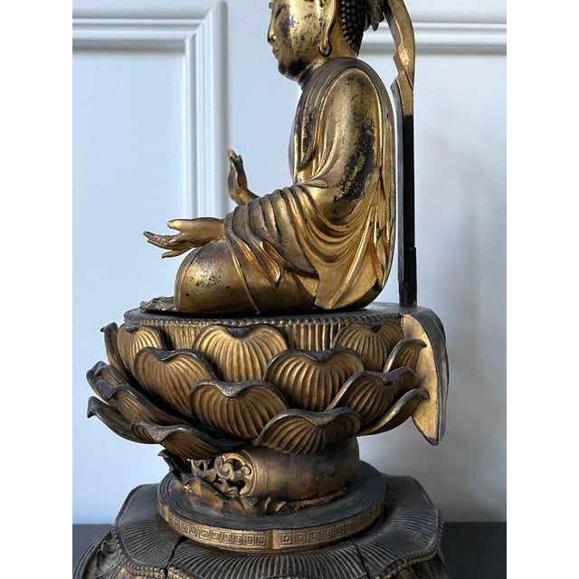 Japanese Antique Gilt Wood Amitabha Buddha on Loctus Throne Statue For Sale - Image 9 of 17