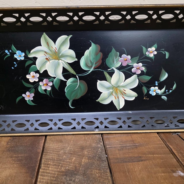 Mid Century Toleware Floral Tray Bar Cart Sever Black Oblong For Sale - Image 12 of 15