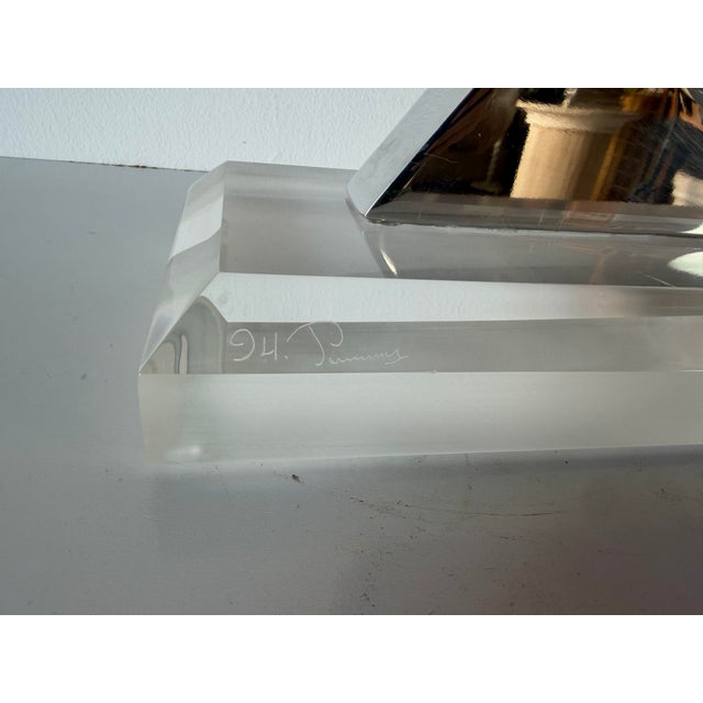 1990s 1990's Vintage Postmodern Geometric Abstract Lucite & Stainless Steel Table Sculpture, Signed For Sale - Image 5 of 12