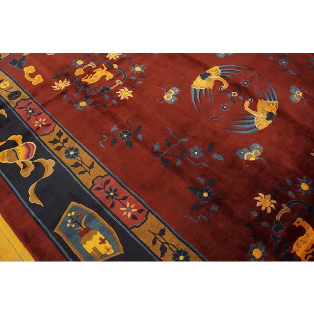 Art Deco 1900s Ruby Red Floral Medallion Antique Chinese Art Deco Rug Knotted Wool Carpet For Sale - Image 3 of 5
