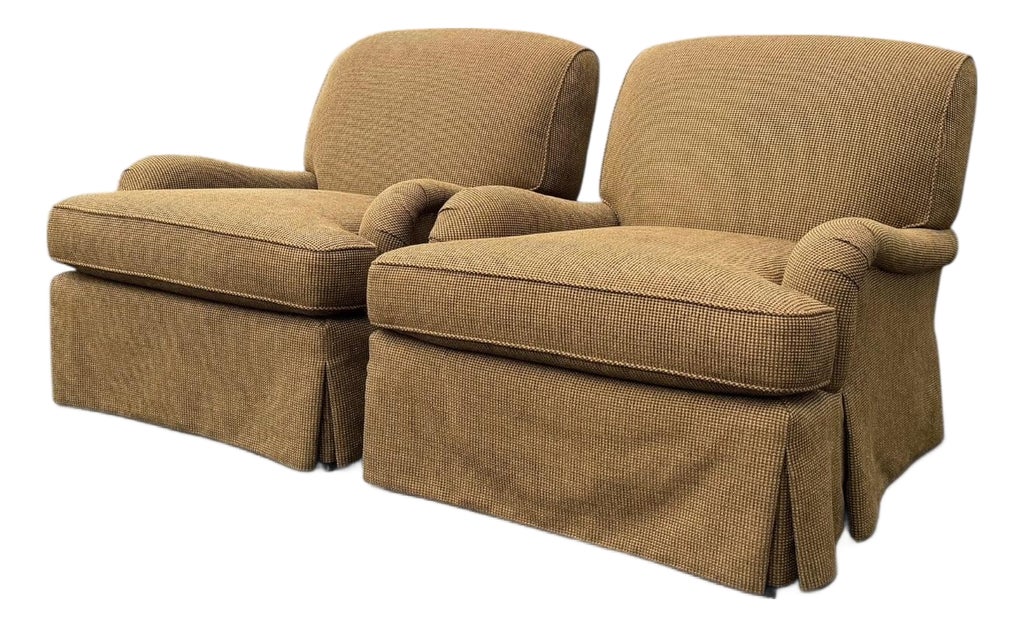 Lee Industries English Roll Arm Skirted Lounge Chairs, Pair