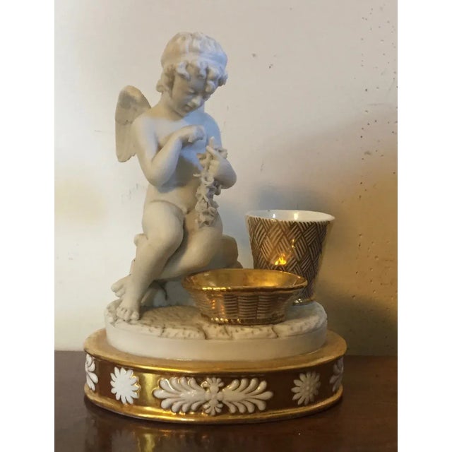 Ceramic Antique Early 19th Century French Empire Porcelain Inkwell in Gold & White Featuring a Cherub For Sale - Image 7 of 13