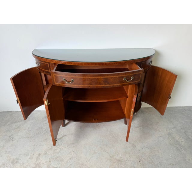 Vintage Regency Style Mahogany Burl Demilune Sideboard / Bar Cabinet For Sale - Image 4 of 12