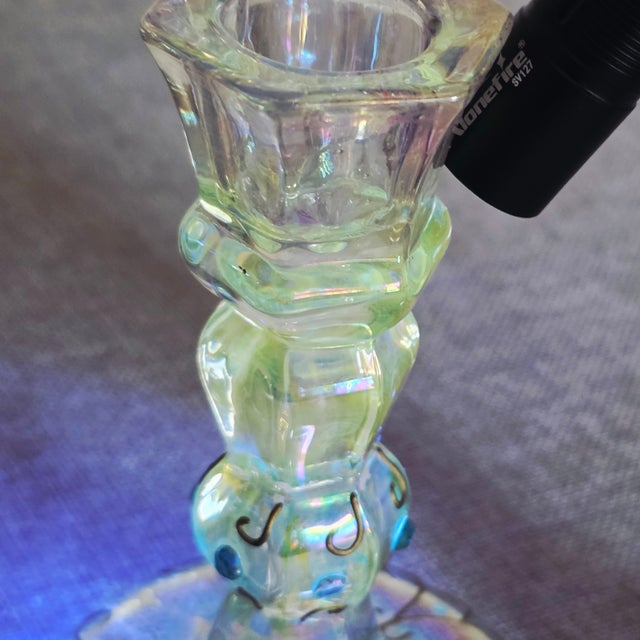 Pair of Antique Bohemian Art Nouveau Iridescent Glass Candlesticks With Gold Enamel Scrollwork For Sale - Image 12 of 12