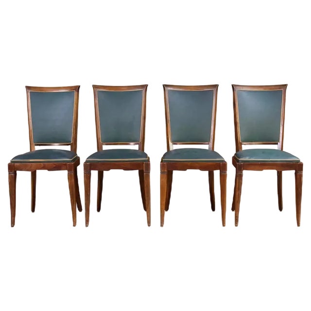 Art Deco Wooden Armchairs in Green Imitation Leather, 1950, Set of 4 For Sale