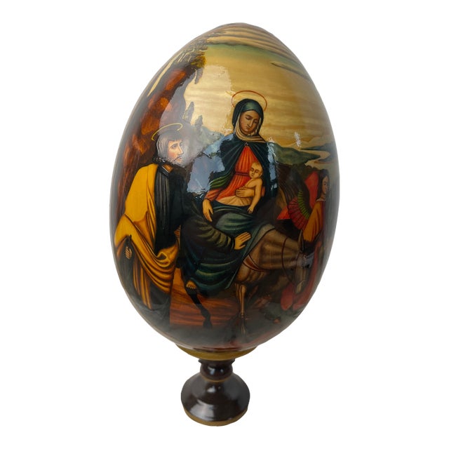 Russian Kholuy Style Lacquer Egg Flight Into Egypt Signed Ryabov Vintage 10" Large For Sale