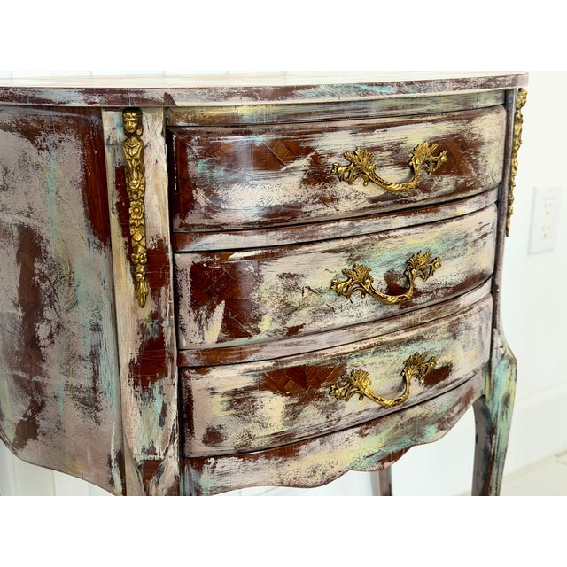 1990s 1990s Authentic Made in Italy Bombe Commode - Distressed Painted 3 Drawer Nightstand, Vintage Italian Florentine Accent Chest, Gilt Table 28" For Sale - Image 5 of 18