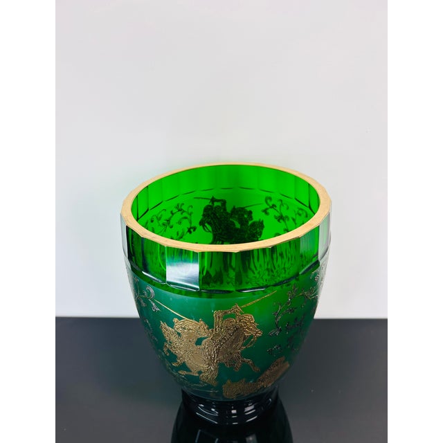 1930s Large Green Art Glass Don Quijote Vase with Gold Painted Decor, Former Czechoslovakia, 1930 For Sale - Image 5 of 7