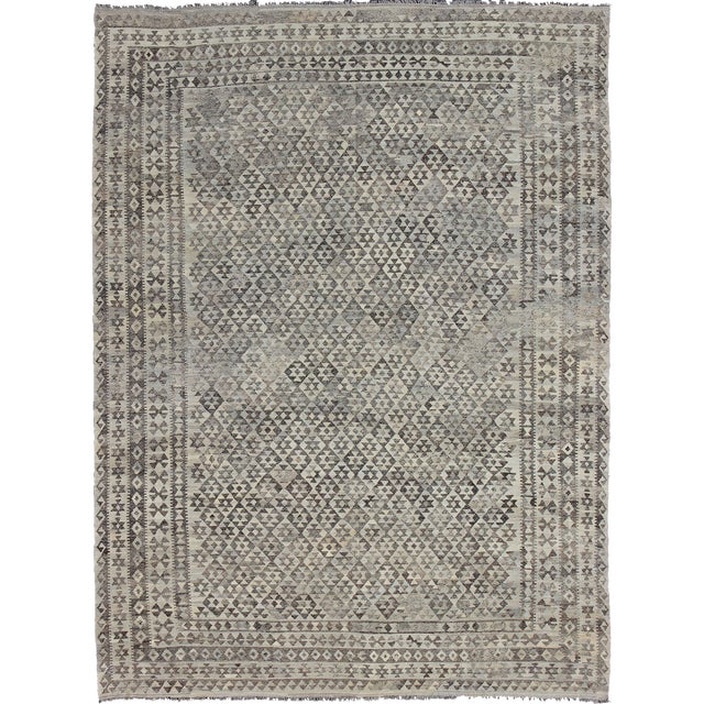 Large Tribal and Modern Kilim in Charcoal, Brown, Silver Blue, Silver and Gray For Sale