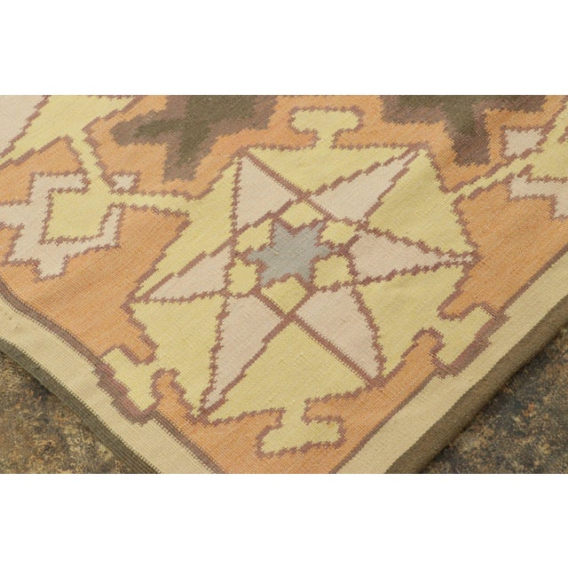 Art Deco Vintage Bessarabian Kilim in Pink and Yellow Geometric Pattern For Sale - Image 3 of 7