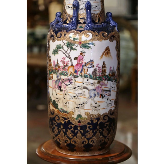 Chinese Mid-Century Chinese Famille Rose Porcelain Vase With Fox Hunt Scenes For Sale - Image 3 of 10