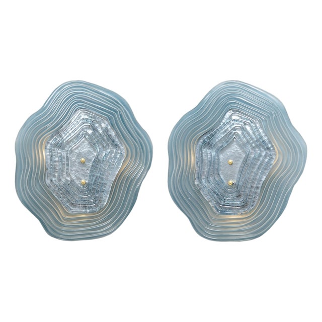 Layered Venetian Glass Sconces in Blue and Silver Leaf, Murano, Macchie - a Pair For Sale