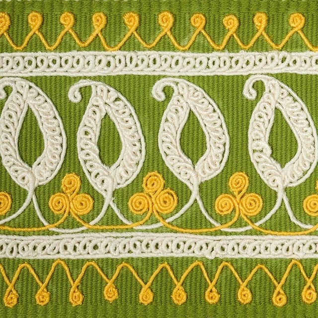 Boho Chic Sample - Schumacher Paisley Embroidered Tape in Green & Yellow For Sale - Image 3 of 4