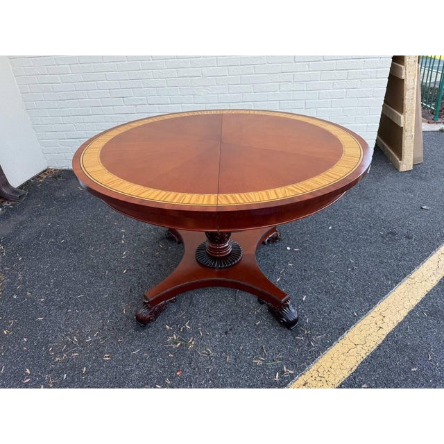 English Baker Furniture Regency Style RoundBanded Mahogany Pedestal Extension Dining Room Table With 2 Leaves For Sale - Image 3 of 11
