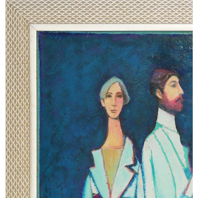 Abstract David Adickes "Two Friends Against Blue" Abstract Monotone Figurative Portrait Painting, 1990 For Sale - Image 3 of 9