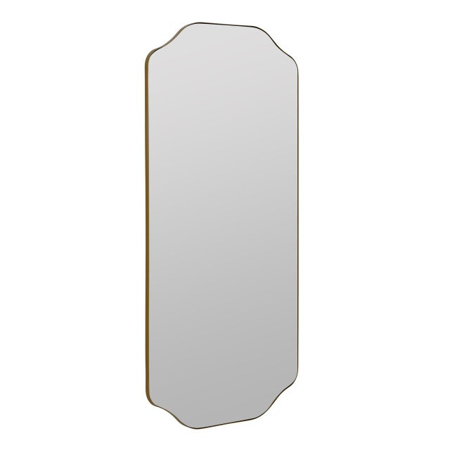 The Large Henry Gold Wall Mirror features a slim gold metal frame with scalloped corner details that bring a graceful,...