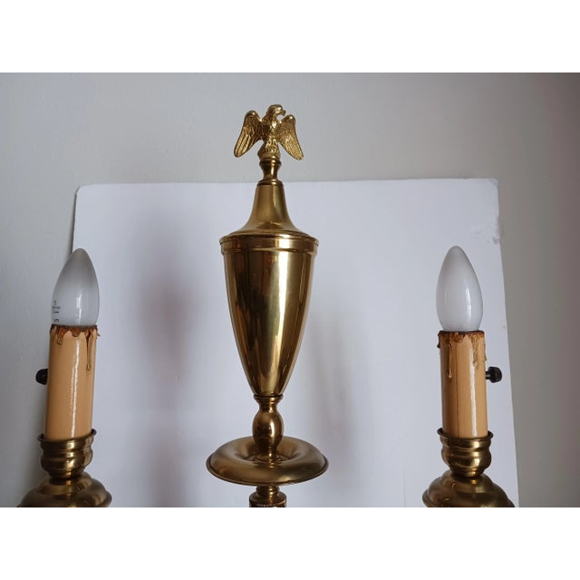 Traditional 1960s French Empire Revival Mid Century Brass 2 Arm Table Lamp Marble Base For Sale - Image 3 of 12