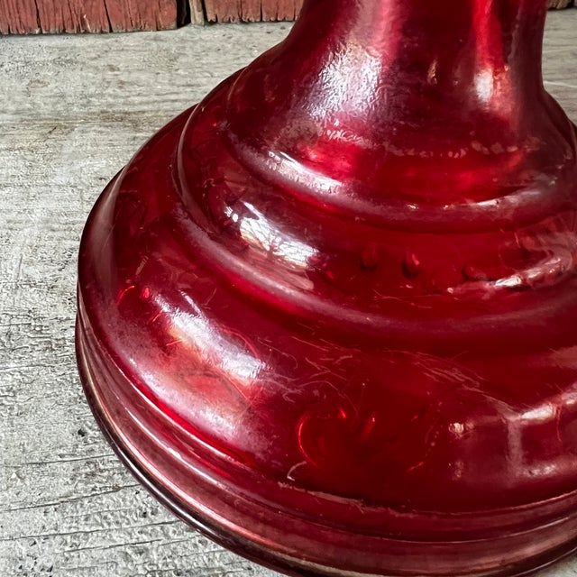 Vintage Red Glass Oil Lamp With Clear Chimney & Brass Wick Holder For Sale - Image 13 of 15