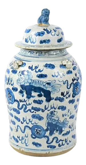 Vintage Large Chinoiserie Temple Jar With Foo Dog Designs