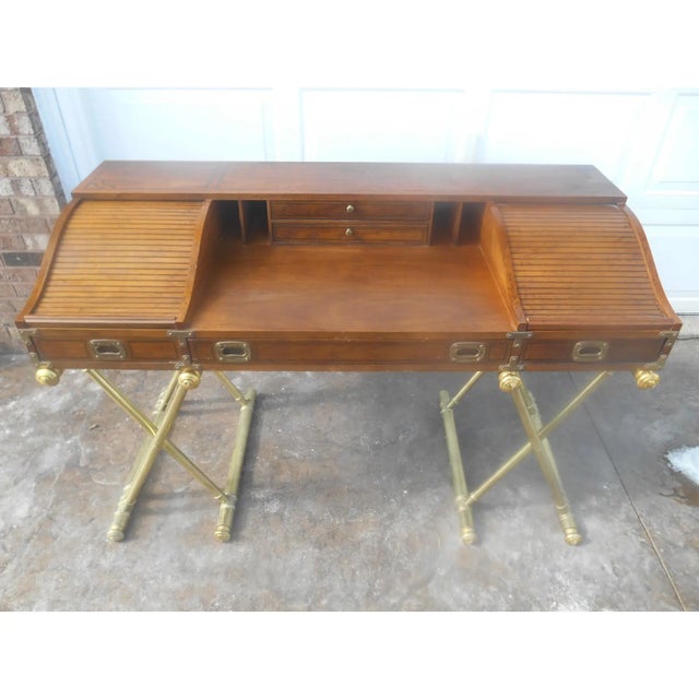 Vintage 1970's Drexel Oxford Square Campaign Style Desk Faux Brass Legs For Sale - Image 6 of 11