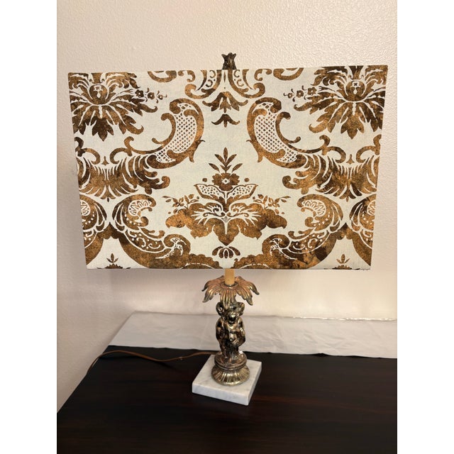 Fortuny Hollywood Regency Hand Stamped Austrian Lamps Wifh Fortuny Fabric Lamp Shades, a Pair For Sale - Image 4 of 9