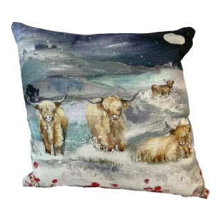 16" Square Decorative Toss PIllow Embellished With a Fold of Grazing Highland Cows Under the Moon - Made in the U K For Sale