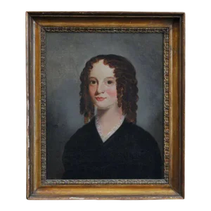 Early 19th Century English Regency Young Girl in Brown Ringlets Portrait Oil Painting in Original Gilt Wood Frame