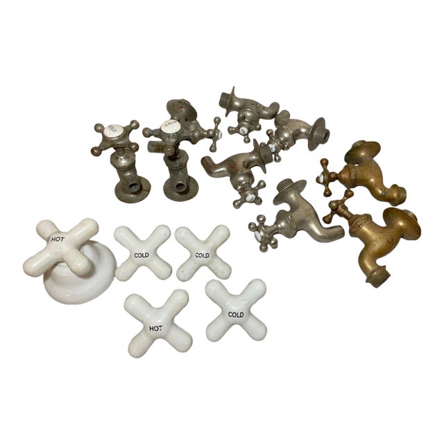 15 Piece Antique Nickel Plated Brass Porcelain Industrial Faucet Fixture Handle For Sale