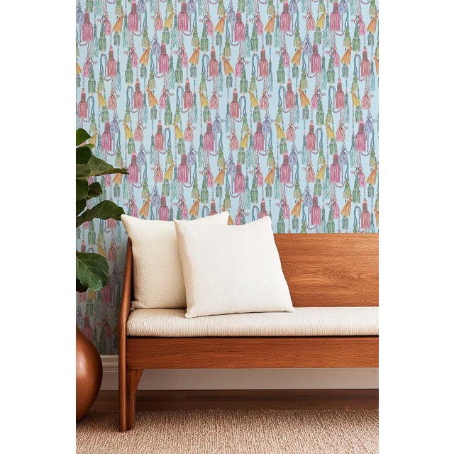 Tassel Trellis Grasscloth Wallpaper by House Party | Silk Ribbon Blue | 6 Yards For Sale - Image 4 of 8