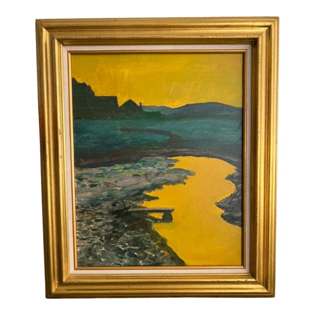 Giltwood Framed, Landscape Oil on Canvas in Vibrant Yellow & Teal For Sale