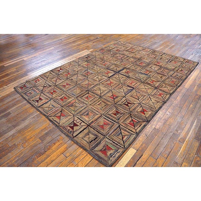 American 1920s Multicolor Geometric Folk Art Antique American Hooked Rug 5'6" X 8' Handknotted Wool Carpet For Sale - Image 3 of 5