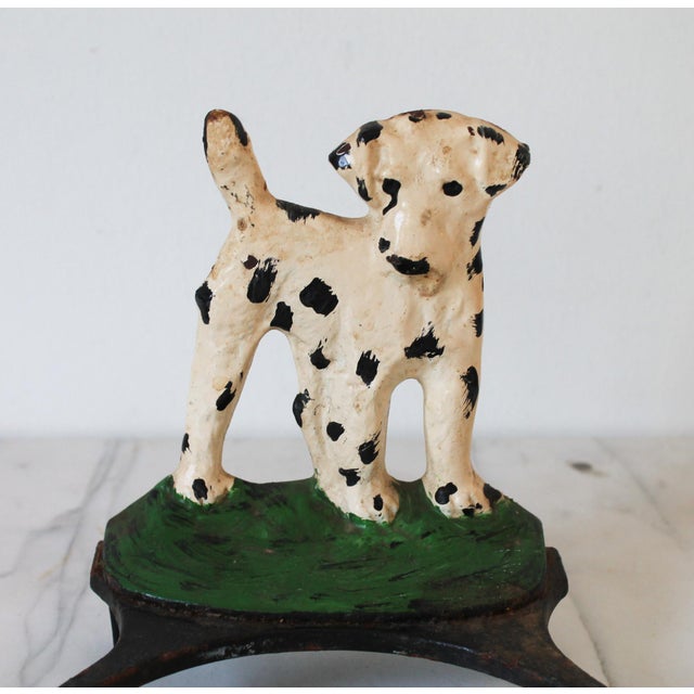 Off-white Pair of Vintage Cast Iron Dalmatian Dog Food & Water Bowl Holders For Sale - Image 8 of 13