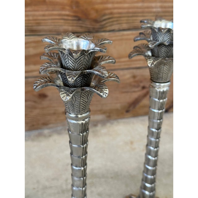 Hollywood Regency Pair of John Richard Silver Palm Tree Candlesticks Hollywood Regency For Sale - Image 3 of 13