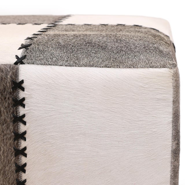 Handmade Cowhide Leather Patchwork Ottoman Pouf With Cross Stitch Detail 18x18x18 In For Sale In San Francisco - Image 6 of 10
