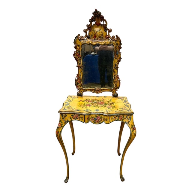 18th Century Style Venetian Yellow Ground & Floral Dressing Table W/Mirror, Early 20th Century For Sale